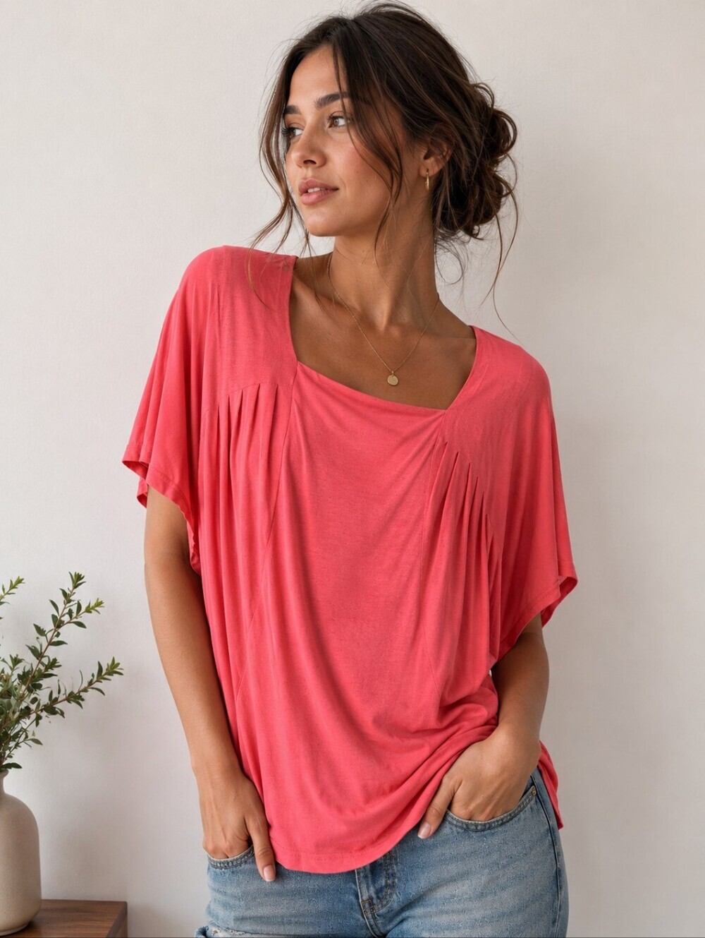 Designers Remix Collection | Relaxed Scoop-Neck Tunic in Coral Pink, Size L